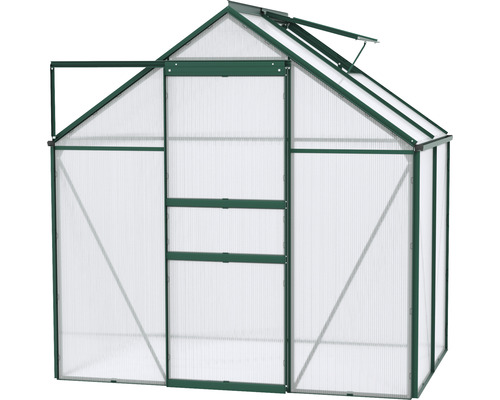 Gewächshaus mit geöffneter Tür und Dachluke