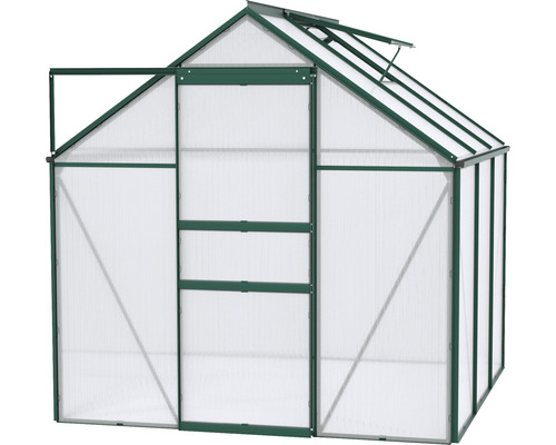 Gewächshaus mit geöffneter Tür und Dachfenster