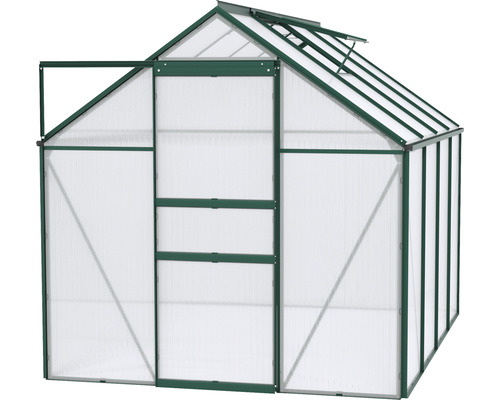 Gewächshaus mit Polycarbonatplatten und geöffneter Tür