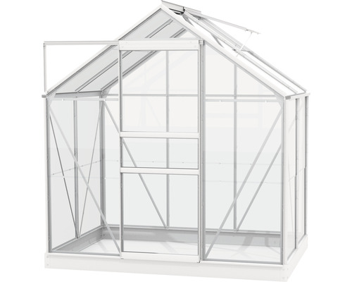 Gewächshaus mit geöffneter Tür und Dachfenster