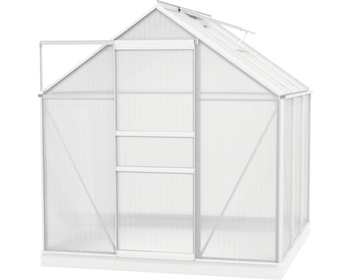 Gewächshaus mit geöffneter Tür und Dachfenster