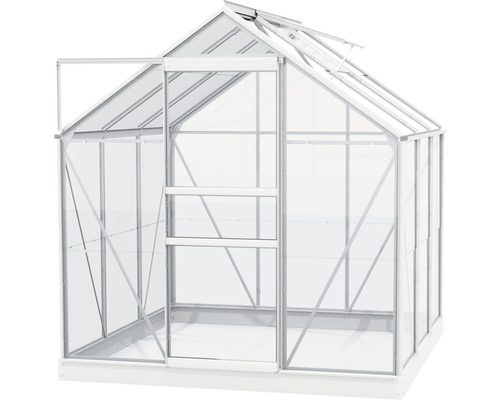 Gewächshaus mit geöffneter Tür und Dachfenster