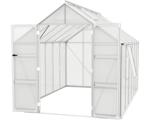 Gewächshaus mit geöffneten Türen für den Garten