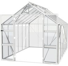 Gewächshaus mit geöffneten Türen und Fenstern.