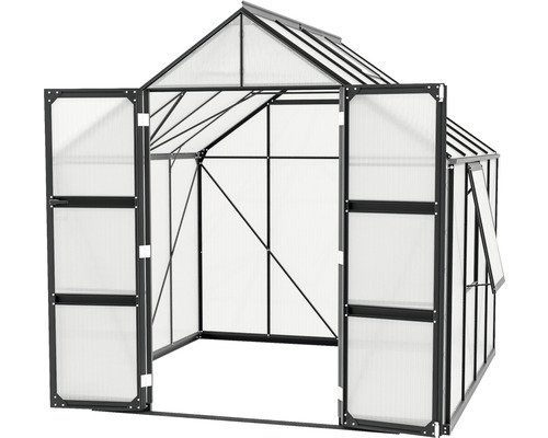 Gewächshaus mit geöffneten Türen und Fenster zur Belüftung