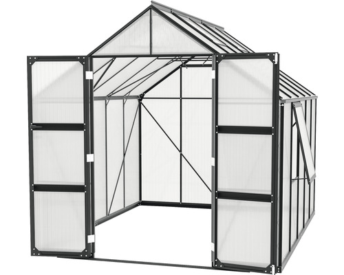 Gewächshaus mit geöffneten Türen und Fenster