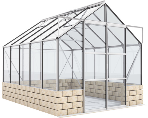 Gewächshaus mit Aluminiumrahmen und Steinbasis