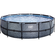 Runder Stahlrahmenpool mit Wasser und grauer Steinoptik