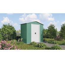 Gartenhaus aus Metall im Außenbereich mit Pflanzen und Blumen