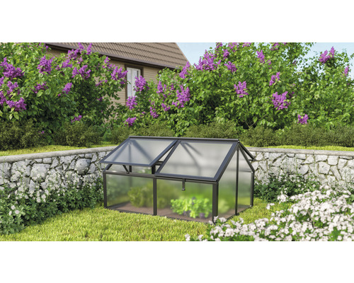 Frühbeet Gamma Hohlkammerplatten 124,3 x 89 x 71,3 cm schwarz Gewächshaus für den Garten mit geöffnetem Fenster