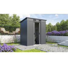 Garten Szene mit Metall Geräteschuppen und Gartengeräten.