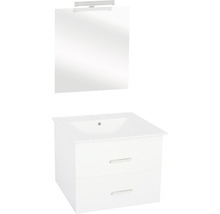 Waschtisch mit zwei Schubladen, Waschtischunterschrank und Spiegel mit Beleuchtung für das Badezimmer.