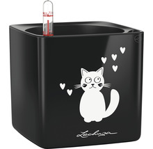 Schwarzer Pflanztopf mit Katzenmotiv und Wasserstandsanzeige
