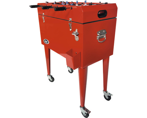 Roter Getränkekühler mit Tischfußballspiel und Rollen