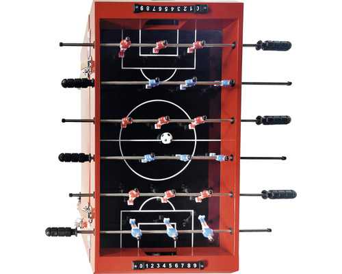 Tischfußballspiel mit roten Spielern und schwarzen Griffen