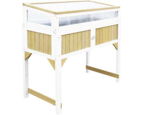 Hochbeet aus Holz mit transparentem Dach und einer Tür