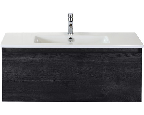 Waschbeckenunterschrank Sanox Frozen 42x101x46 cm mit Keramikwaschbecken black oak Waschtischunterschrank mit Waschbecken und Armatur