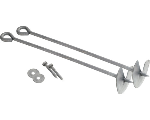 Zwei Erdnägel mit Schrauben und Unterlegscheiben