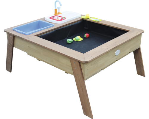 Holz-Sandkasten mit Wasserbereich und Spielzeug