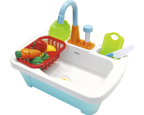 Spielküchenspüle mit Spielzeugobst und -gemüse