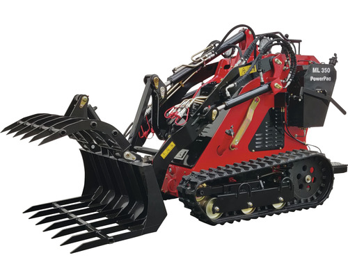 Rote PowerPac ML 350 Mini-Kompaktladertraktor mit Greifschaufel