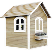 Holzspielhaus mit zwei Fenstern und einem Blumenkasten