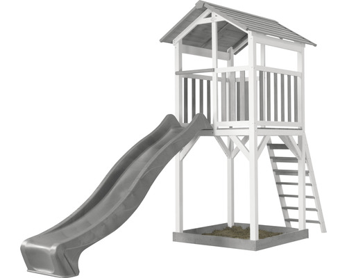 Spielturm axi Beach Tower - graue Rutsche Holz grau weiß Spielturm mit Rutsche und Sandkasten