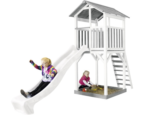 Spielturm axi Beach Tower weiße Rutsche Holz grau weiß Spielturm mit Rutsche und Sandkasten für Kinder im Garten