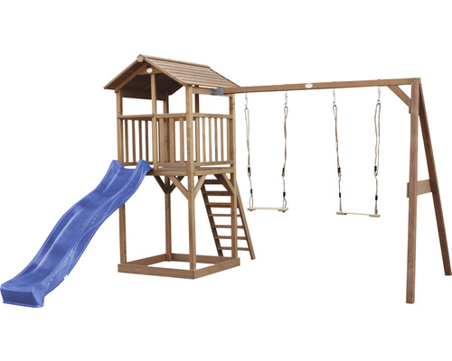 Spielturm axi Beach Tower mit Doppelschauke Holz Blau braun Spielturm mit Rutsche und Schaukel für den Garten