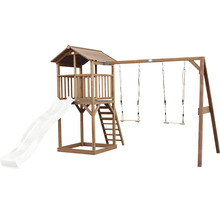 Spielturm aus Holz mit Rutsche und Schaukel