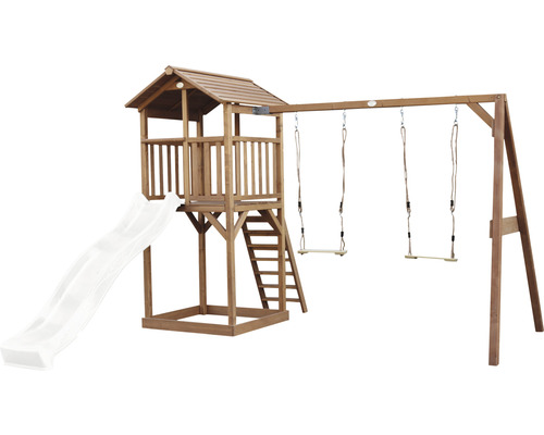 Spielturm aus Holz mit Rutsche und Schaukel