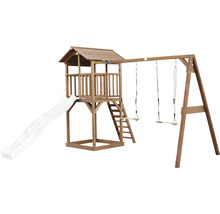 Holzspielturm mit Rutsche und Schaukel