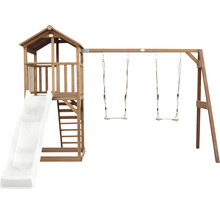Spielturm aus Holz mit Rutsche und Schaukel