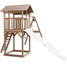 Spielturm aus Holz mit Rutsche und Schaukel