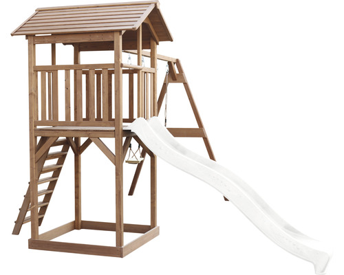 Spielturm aus Holz mit Rutsche und Schaukel