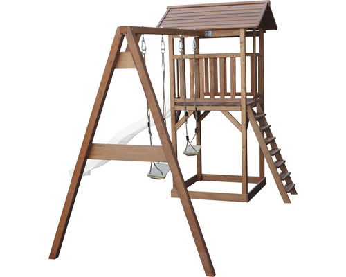 Spielturm axi Beach Tower mit Doppelschauke Holz braun weiß Spielturm mit Schaukel und Rutsche für den Garten
