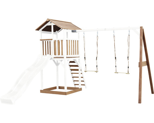 Spielturm mit Rutsche und Schaukel aus Holz