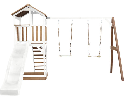 Spielturm axi Beach Tower mit Doppelschaukel Holz braun weiß Spielturm mit Rutsche und Schaukel für den Garten