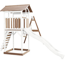 Spielturm aus Holz mit Rutsche und Schaukel