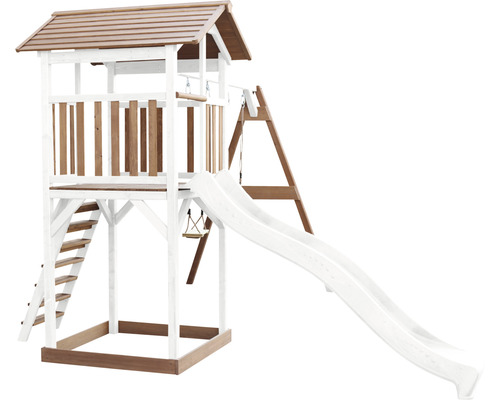 Spielturm aus Holz mit Rutsche und Schaukel