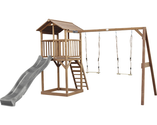 Spielturm axi Beach Tower mit Doppelschauke Holz braun grau Spielturm mit Rutsche und Schaukel aus Holz