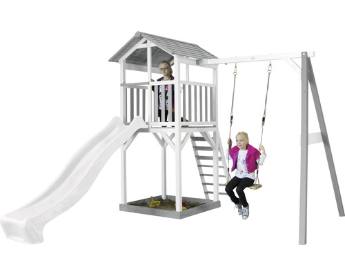 Spielturm axi Beach Tower mit Einzelschaukel und Rutsche weiß Holz grau weiß Spielplatz mit Turm, Rutsche und Schaukel für den Garten