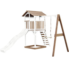 Spielturm aus Holz mit Rutsche und Schaukel
