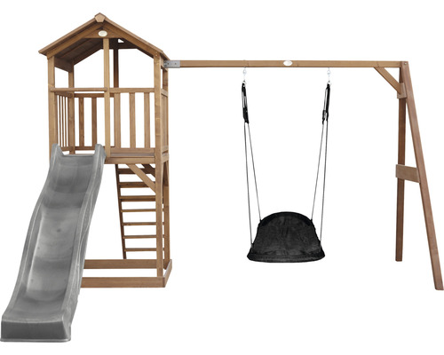 Spielturm mit Rutsche und Schaukel aus Holz