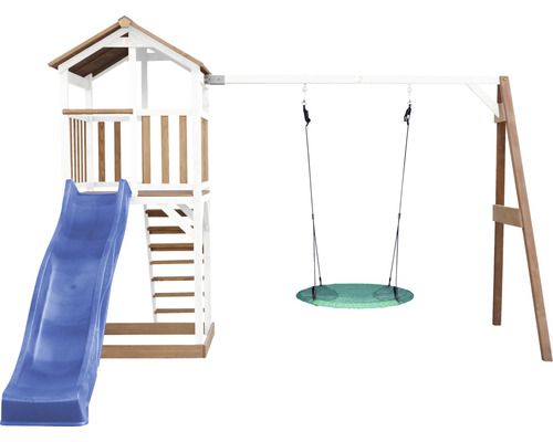 Spielturm axi Beach Tower mit Nestschaukel rund Holz braun weiß Rutsche blau Spielturm mit Rutsche und Schaukel für den Garten