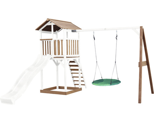 Spielturm axi Beach Tower mit Nestschaukel rund Holz weiß´braun Rutsche weiß Spielturm mit Rutsche, Schaukel und Leiter für den Garten