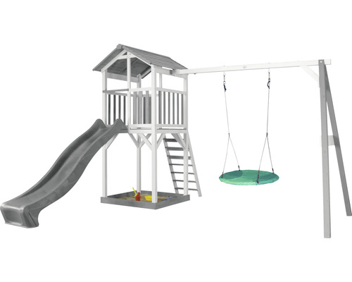 Spielturm axi Beach Tower mit Nestschaukel türkis und Rutsche grau Holz grau weiß Spielturm mit Rutsche, Schaukel und Sandkasten für den Garten