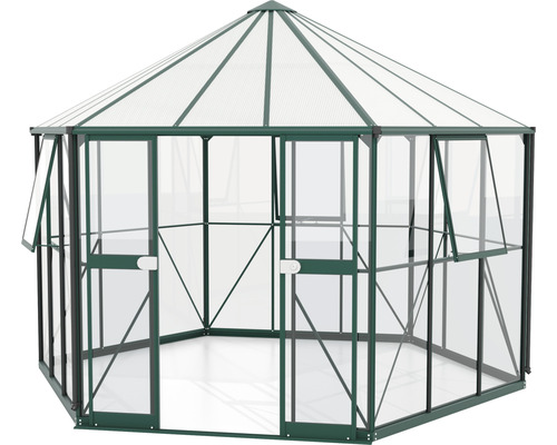 Sechseckiges Gewächshaus mit transparenten Wänden und Dach