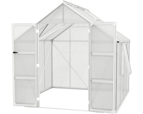 Gewächshaus mit geöffneten Türen.