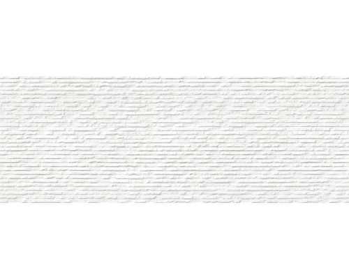 Steingut Dekorfliese Grunge 32x90 cm weiß matt rektifiziert Weiße Wandverkleidung mit horizontaler Rillenstruktur für Innenräume.